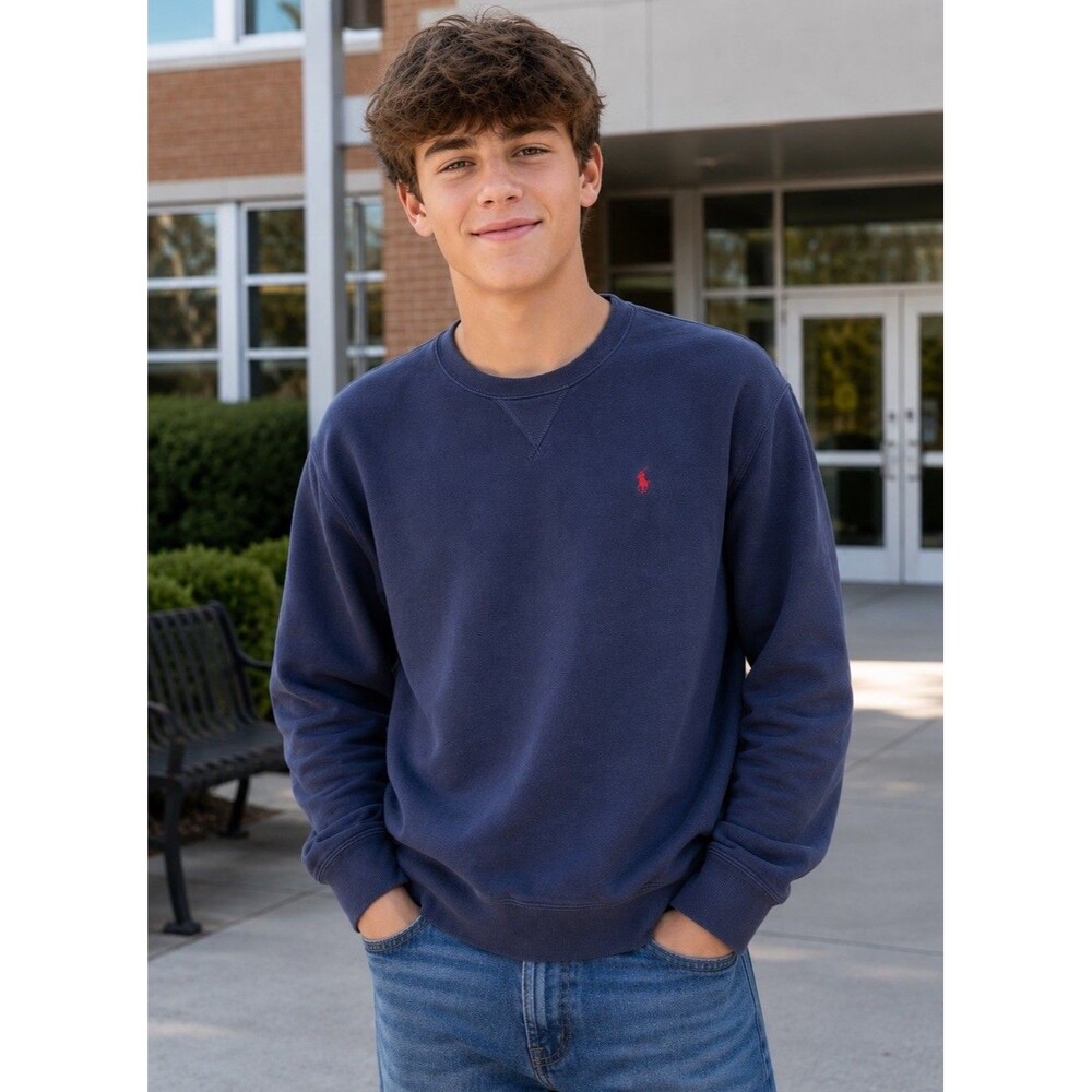 Ralph Lauren Navy Blue Sweatshirt Boys Youth Large 14-16 Pony Logo School Preppy